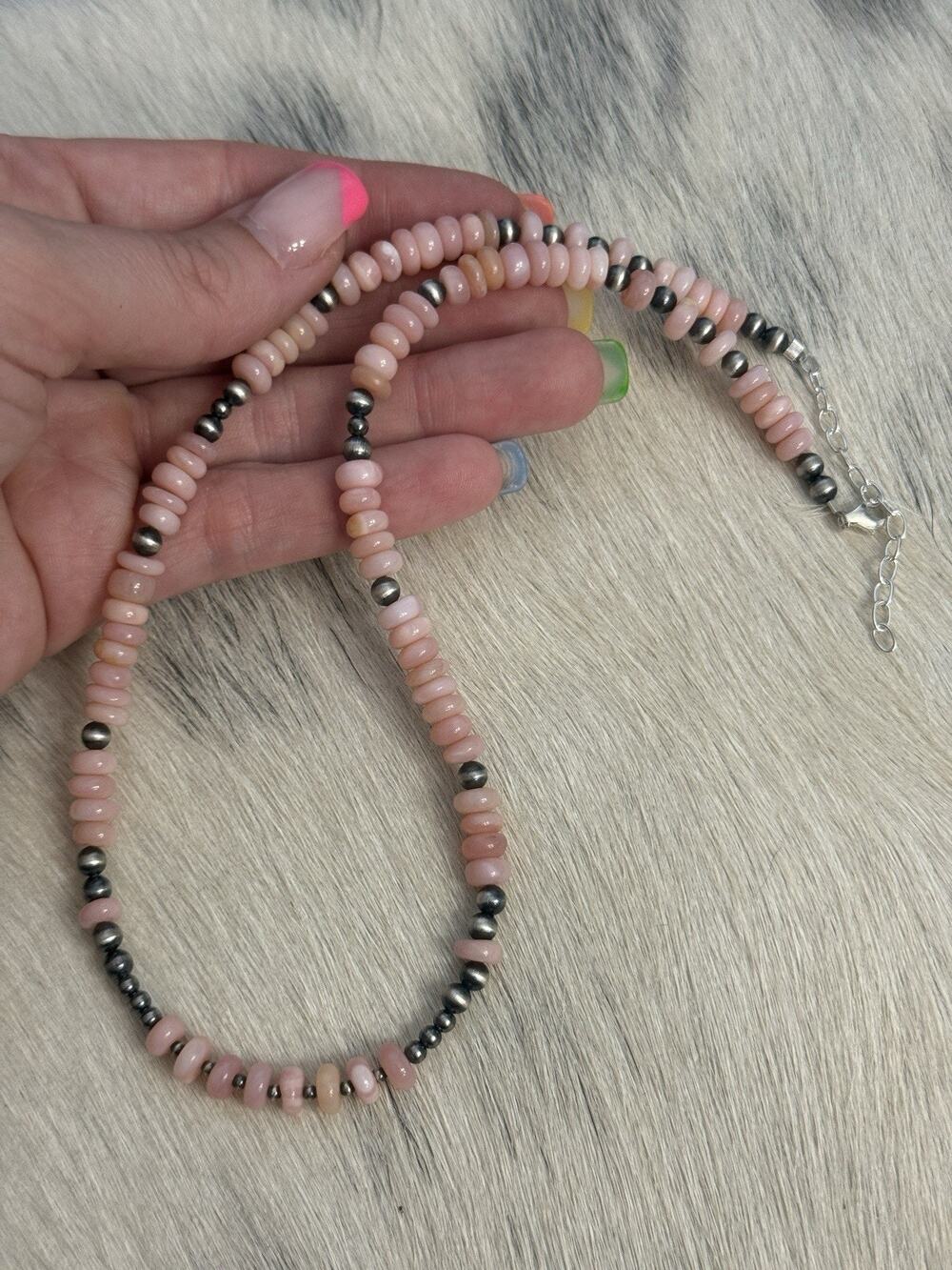 Sterling Silver Pink Opal Rondelle Navajo Pearl Necklace 17-19”